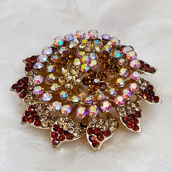 Brown & Pink Iridescent Rhinestone Large Floral Brooch 2 3/4” Statement - Picture 4 of 11